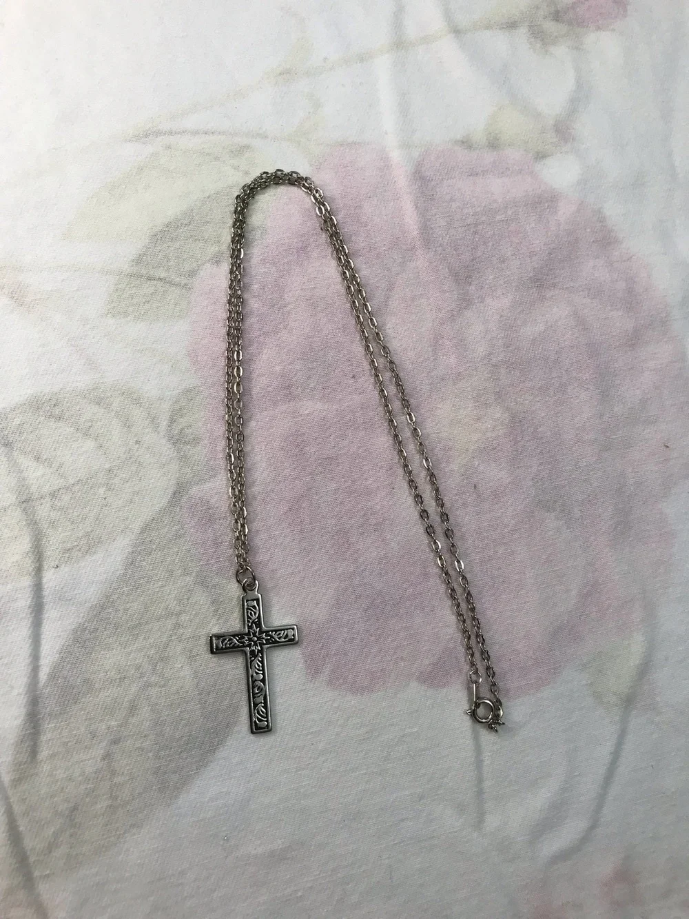 Silver Tone Etched Botanical Cross Pendant on Chain Necklace 20”